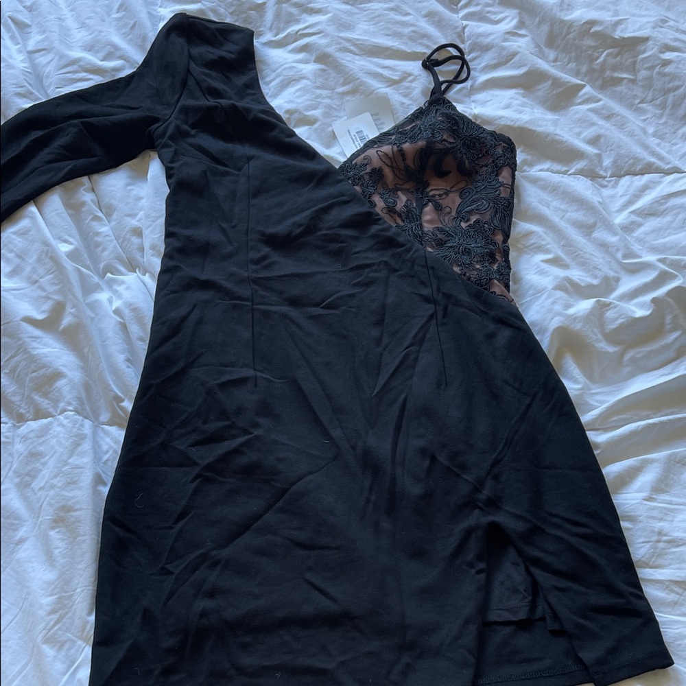 One-Shoulder Black Dress with Lace Bodice